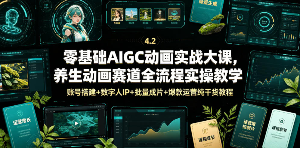零基础AIGC动画实战大课，养生动画赛道全流程实操教学，账号搭建+数字人IP+批量成片+爆款运营纯干货教程-卿云社