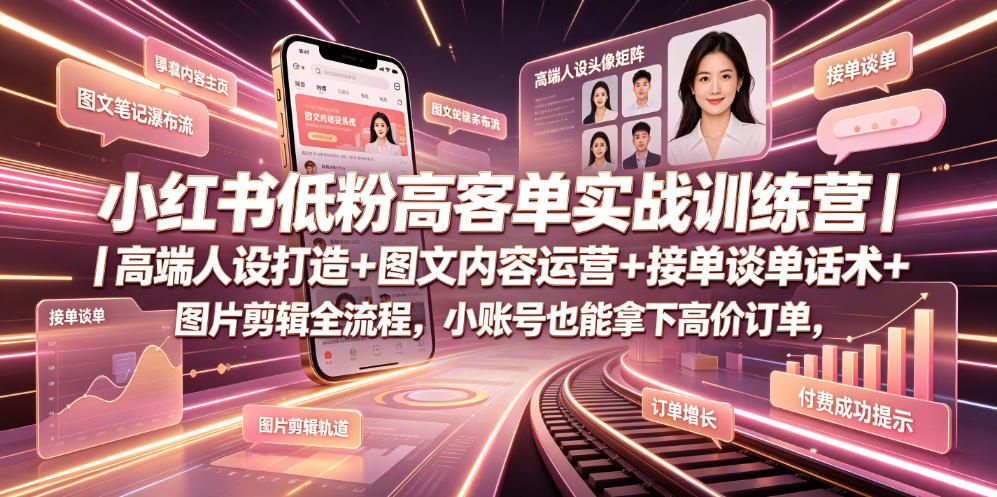 小红书低粉高客单实战训练营｜高端人设打造+图文内容运营+接单谈单话术+图片剪辑全流程，小账号也能拿下高价订单-卿云社