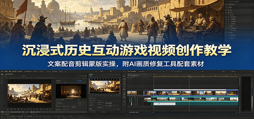 沉浸式历史互动游戏视频创作教学：文案配音剪辑蒙版实操，附AI画质修复工具配套素材-卿云社