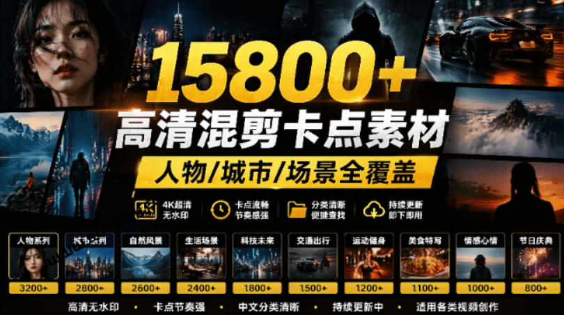 【影视剪辑素材合集】15800+高清混剪卡点｜热门影视精彩片段｜人物/城市/场景全覆盖，中文分类清晰-卿云社