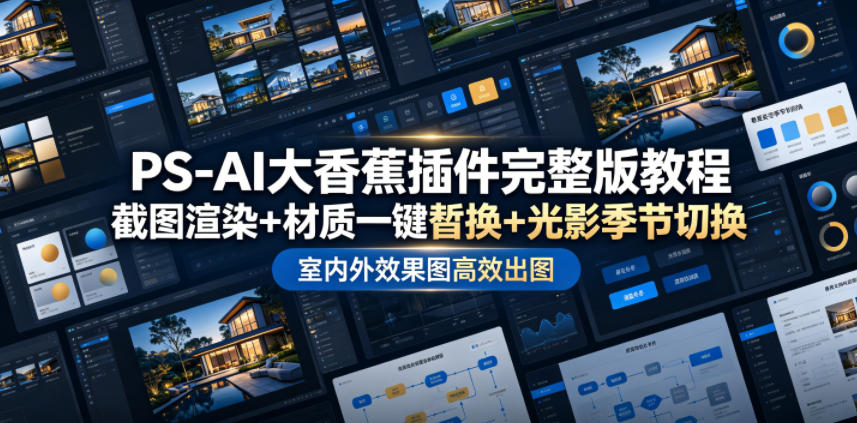 PS-AI大香蕉插件完整版教程，截图渲染+材质一键替换+光影季节切换，室内外效果图高效出图高阶课程-卿云社