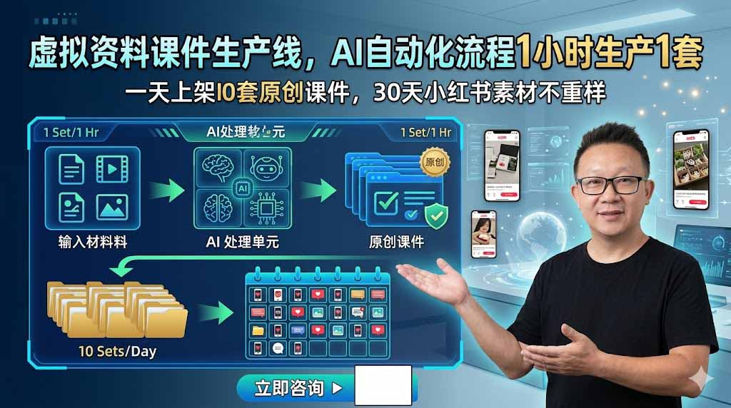 虚拟资料课件生产线，AI自动化流程1小时生产1套，一天上架10套原创课件，30天小红书素材不重样-卿云社
