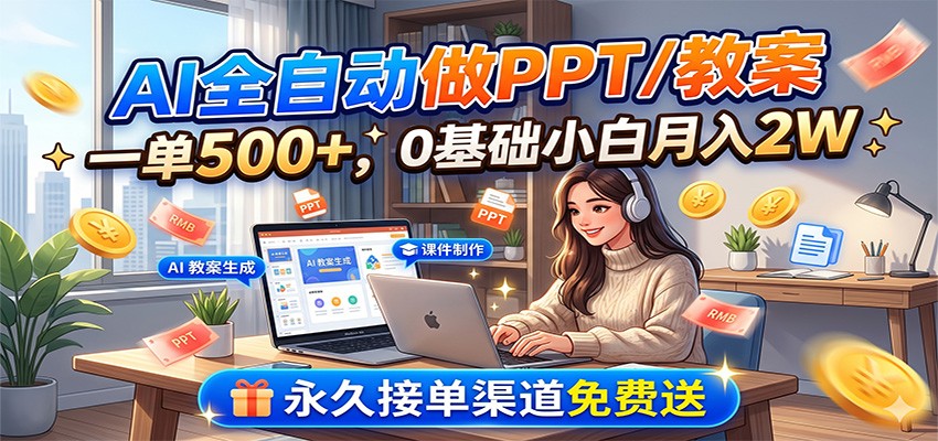 AI全自动做PPT/教案，一单500+，0基础小白月入2W，永久接单渠道免费送-卿云社