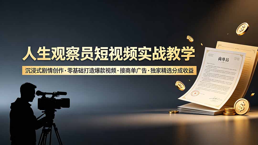 人生观察员短视频实战教学，沉浸式剧情创作，零基础打造爆款视频，接商单广告，独家精选分成收益-卿云社