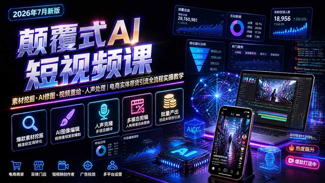 颠覆式AI短视频课｜素材挖掘，AI修图，视频重绘，人声处理｜电商实体带货引流全流程实操教学-卿云社