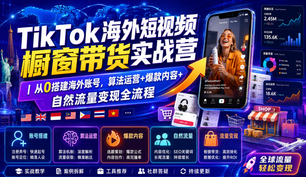 TikTok海外短视频橱窗带货实战营｜从0搭建海外账号，算法运营+爆款内容+自然流量变现全流程-卿云社