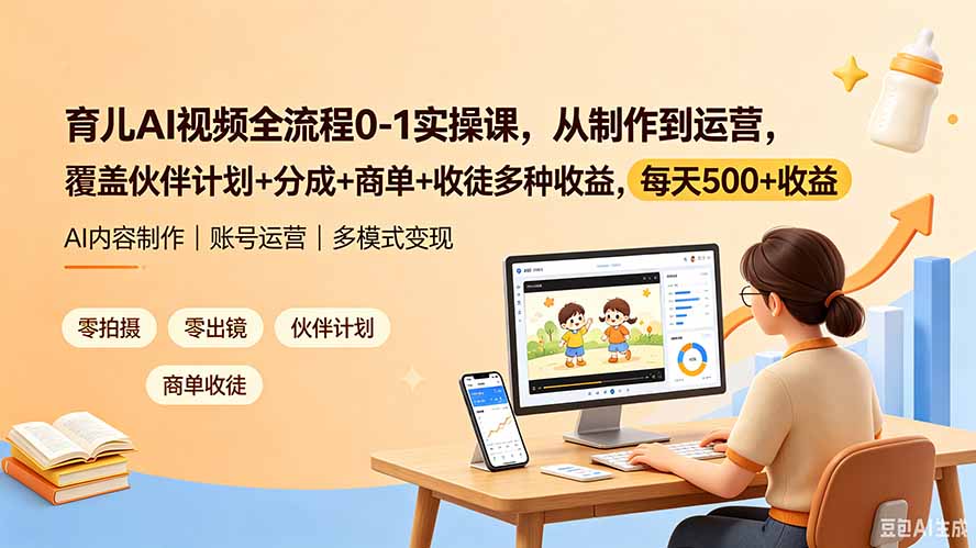 育儿AI视频全流程0-1实操课,从制作到运营,覆盖伙伴计划+分成+商单+收徒多种收益,每天500+收益-卿云社