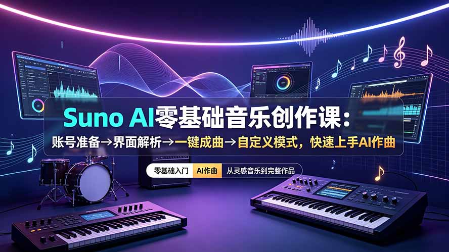 Suno AI零基础音乐创作课:账号准备→界面解析→一键成曲→自定义模式,快速上手AI作曲-卿云社