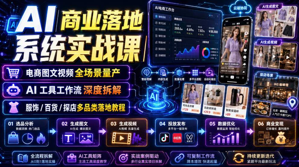 AI商业落地系统实战课｜电商图文视频全场景量产・AI工具工作流深度拆解・服饰/百货/探店多品类落地教程-卿云社