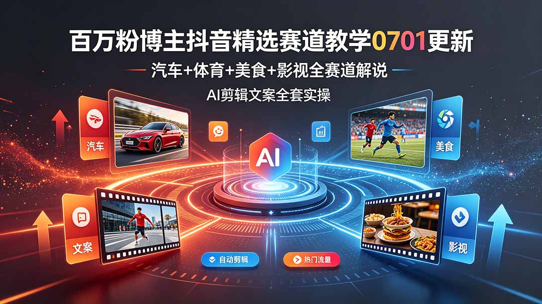 百万粉博主抖音精选赛道教学-0701更新，汽车+体育+美食+影视全赛道解说，AI剪辑文案全套实操-卿云社