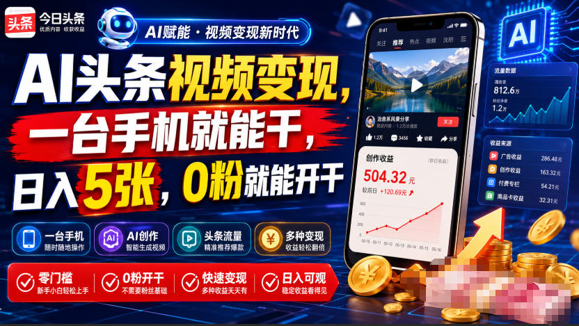 AI头条视频变现，一台手机就能干，日入5张，0粉就能开干-卿云社