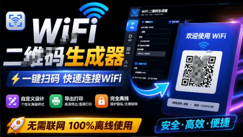完全离线使用!WiFi二维码生成器,一键扫码快速连接WiFi,支持自定义风格导出WiFi二维码生成器-卿云社