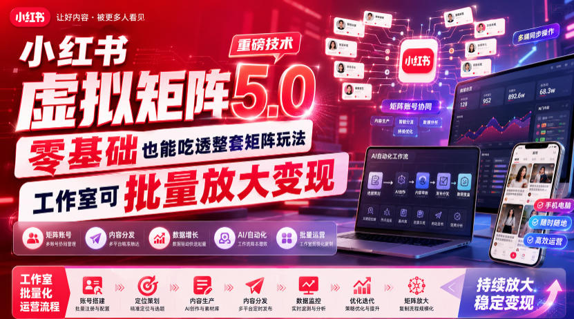 小红书虚拟矩阵5.0重磅技术，零基础也能吃透整套矩阵玩法，工作室可批量放大变现-卿云社