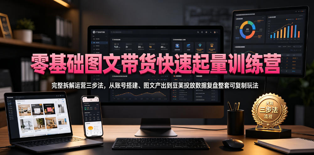 零基础图文带货快速起量训练营，完整拆解运营三步法，从账号搭建、图文产出到豆荚投放数据复盘整套可复制玩法-卿云社