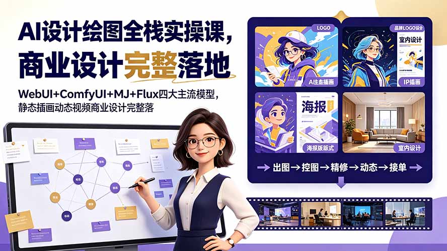 AI设计绘图全栈实操课,WebUI+ComfyUI+MJ+Flux四大主流模型,静态插画动态视频商业设计完整落地教程-卿云社