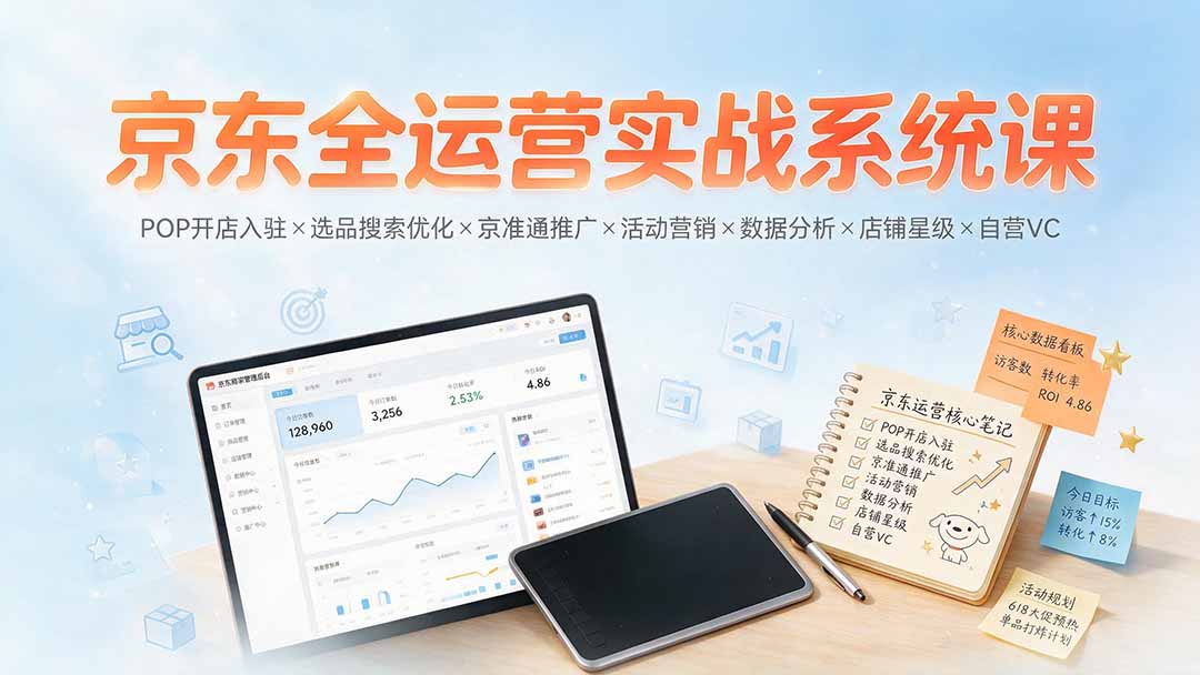 京东全运营实战系统课：POP开店入驻×选品搜索优化×京准通推广×活动营销×数据分析×店铺星级×自营VC-卿云社
