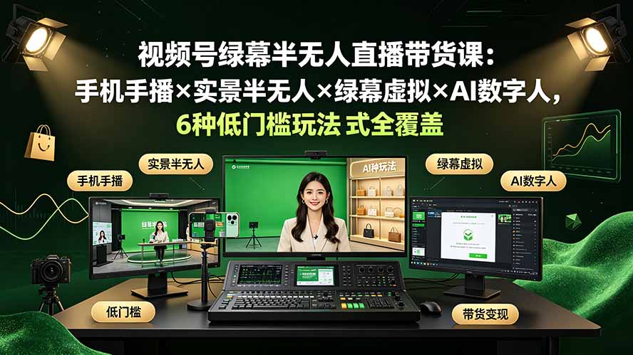视频号绿幕半无人直播带货课：手机手播×实景半无人×绿幕虚拟×AI数字人，6种低门槛玩法全覆盖-卿云社