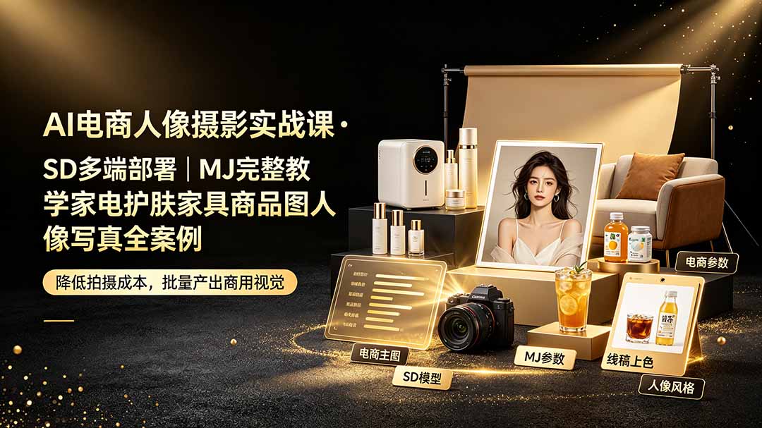 AI电商人像摄影实战课·SD多端部署|MJ完整教学|家电护肤家具商品图人像写真全案例-卿云社