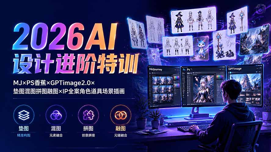2026AI设计进阶特训：MJ×PS香蕉×GPTimage2.0×垫图混图拼图融图×IP全案角色道具场景插画-卿云社