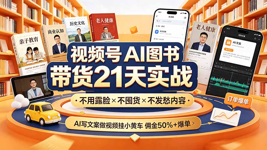 视频号AI图书带货21天实战:不用露脸×不囤货×不发愁内容,AI写文案做视频挂小黄车,佣金50%+爆单-卿云社