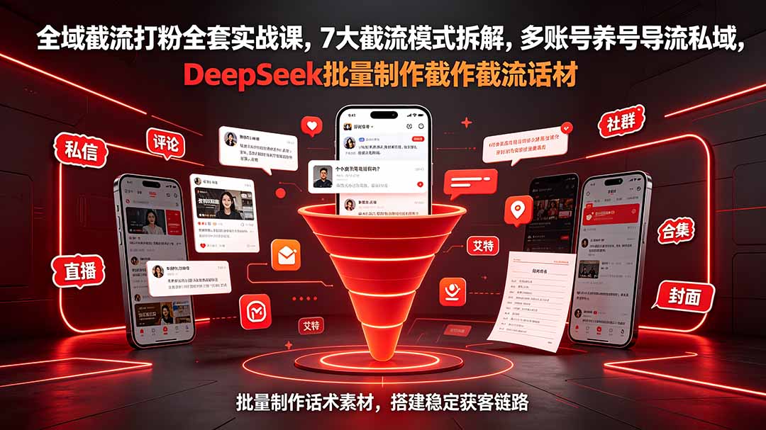 全域截流打粉全套实战课,7大截流模式拆解,多账号养号导流私域,DeepSeek批量制作截流话术素材-卿云社