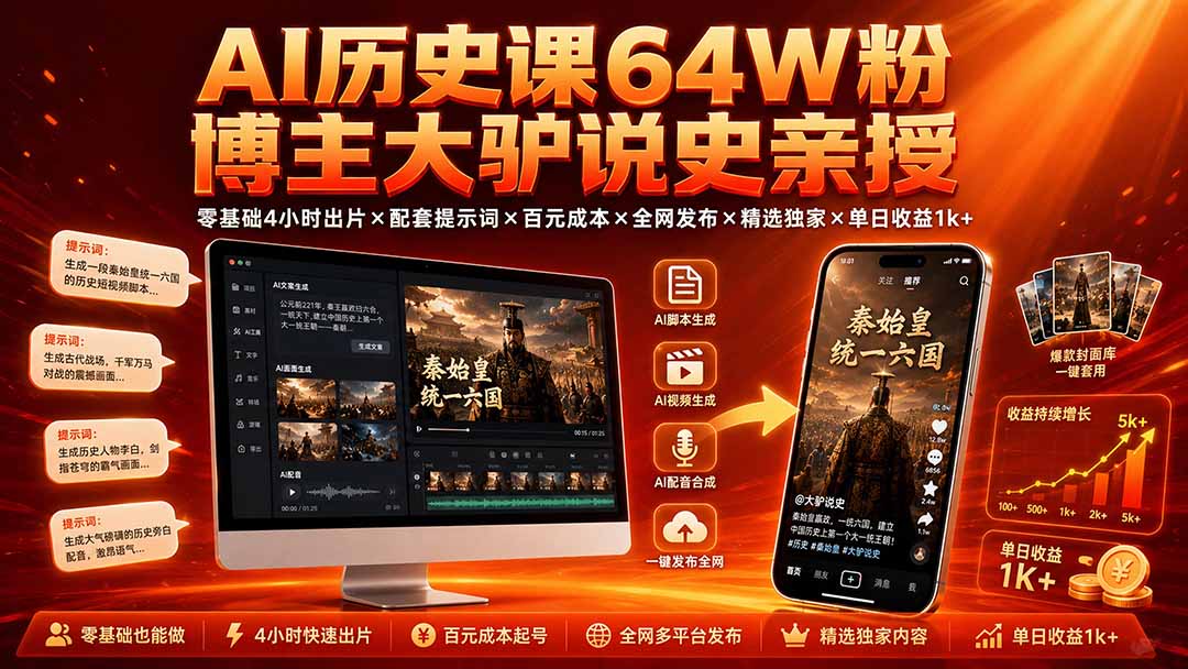 AI历史课64W粉博主大驴说史亲授：零基础4小时出片×配套提示词×百元成本×全网发布×精选独家×单日收益1k+-卿云社