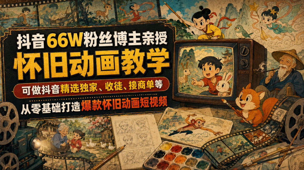 抖音66W粉丝博主亲授怀旧动画教学,可做抖音精选独家、收徒、接商单等,从零基础打造爆款怀旧动画短视频-卿云社