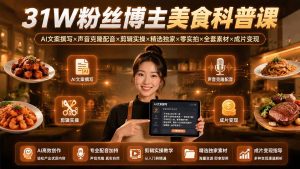 31W粉丝博主美食科普课：AI文案撰写×声音克隆配音×剪辑实操×精选独家×零实拍×全套素材×成片变现-卿云社