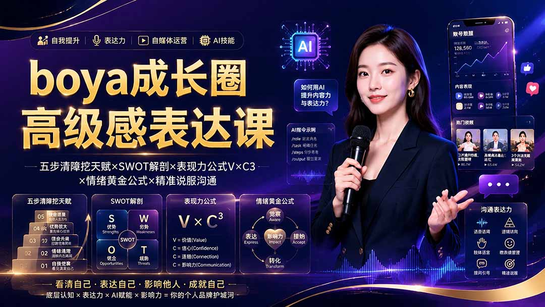 boya成长圈｜内心成长高级表达AI自媒体三合一，消解内耗挖掘天赋，镜头沟通AI指令短视频全流程教学-卿云社