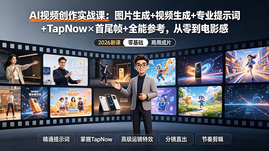 AI视频创作实战课：图片生成+视频生成+专业提示词+TapNow×首尾帧+全能参考，从零到电影感成片-卿云社