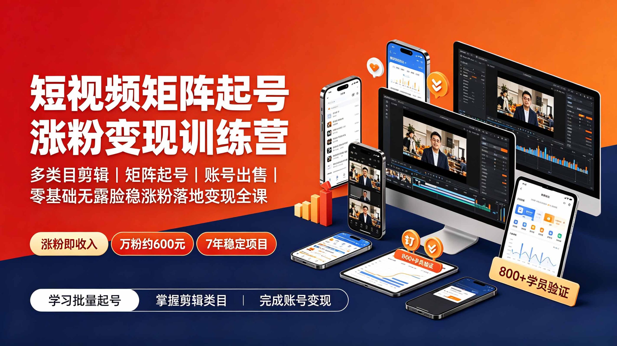 短视频矩阵起号涨粉变现训练营|多类目剪辑·矩阵起号·账号出售,零基础无露脸稳涨粉落地变现全课-卿云社
