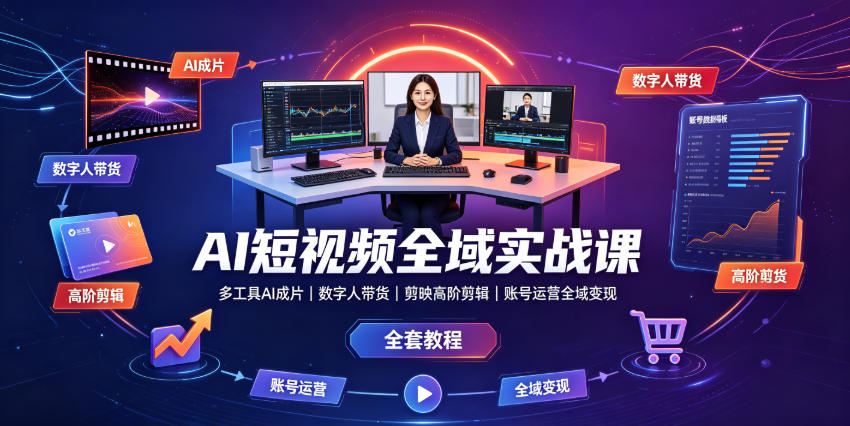 AI短视频全域实战课｜多工具AI成片、数字人带货、剪映高阶剪辑、账号运营全域变现全套教程-卿云社