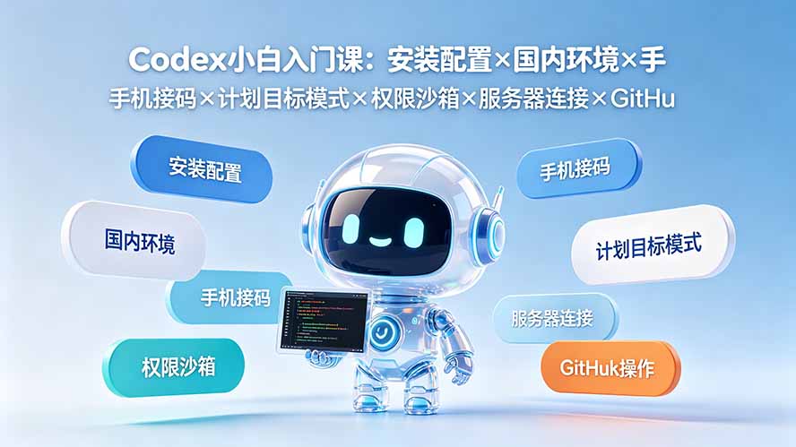 Codex小白入门课：安装配置×国内环境×手机接码×计划目标模式×权限沙箱×服务器连接×GitHub操作-卿云社