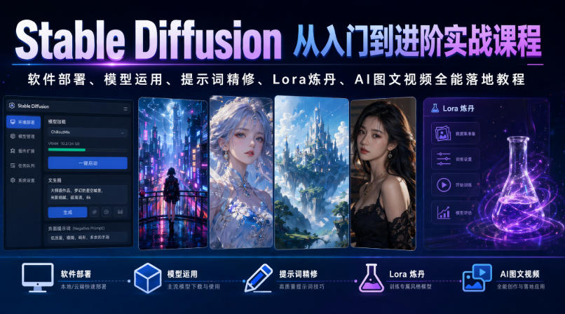 Stable Diffusion从入门到进阶实战课程｜软件部署、模型运用、提示词精修、Lora炼丹、AI图文视频全能落地教程-卿云社