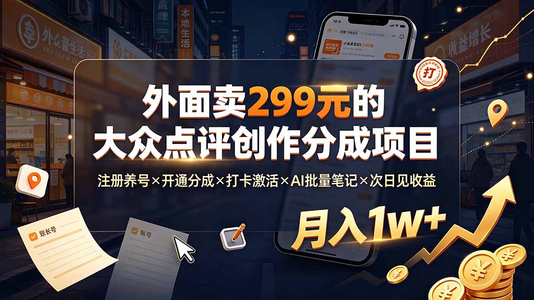 外面卖299元的大众点评创作分成项目：注册养号×开通分成×打卡激活×AI批量笔记×次日见收益，月入1w+-卿云社
