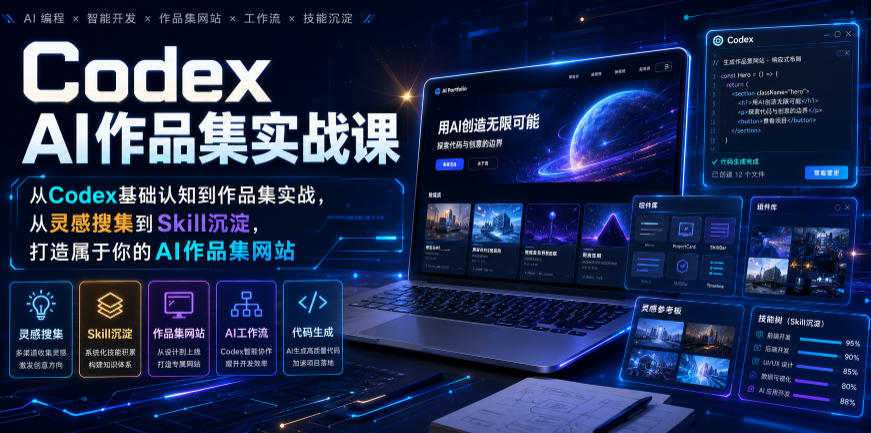 Codex AI作品集实战课，从Codex基础认知到作品集实战，从灵感搜集到Skill沉淀，打造属于你的AI作品集网站-卿云社