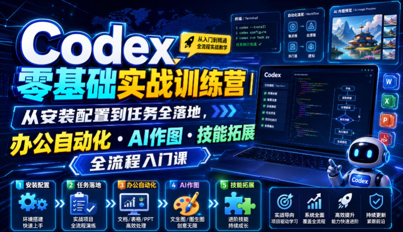 Codex零基础实战训练营｜从安装配置到任务全落地，办公自动化・AI作图・技能拓展全流程入门课-卿云社