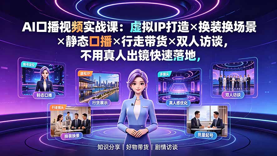 AI口播视频实战课：虚拟IP打造×换装换场景×静态口播×行走带货×双人访谈，不用真人出镜快速落地-卿云社