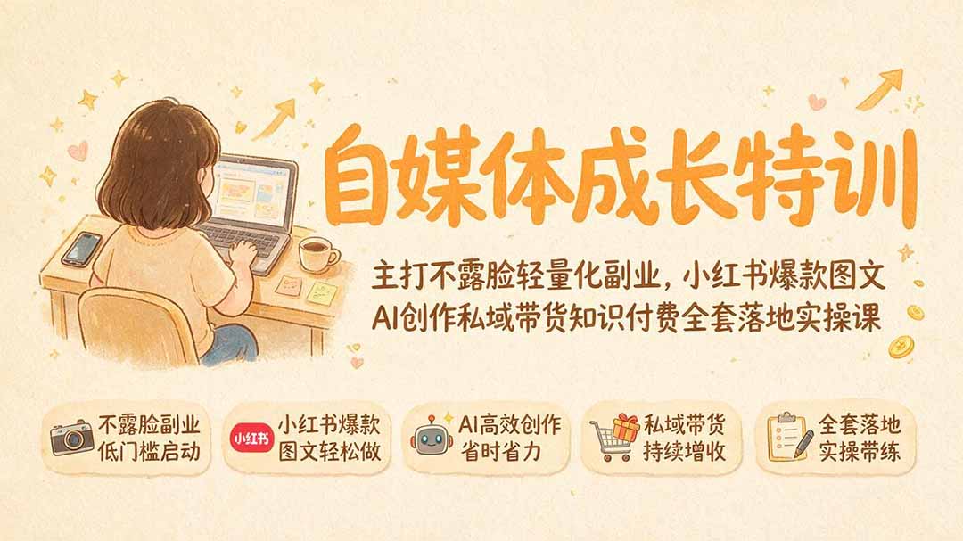 自媒体成长特训｜主打不露脸轻量化副业，小红书爆款图文AI创作私域带货知识付费全套落地实操课-卿云社