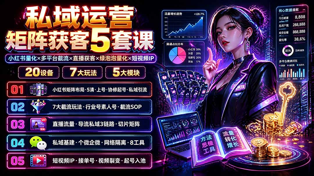 私域运营矩阵获客5套课：小红书量化×多平台截流×直播获客×绿泡泡量化×短视频IP×20设备×7大玩法-卿云社