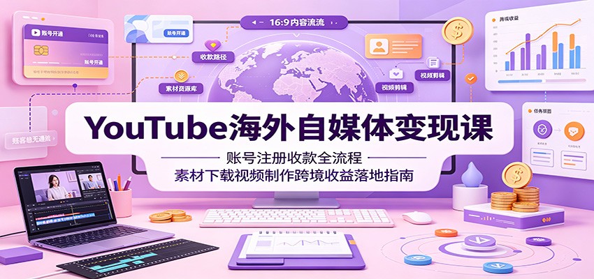 YouTube海外自媒体变现课：账号注册收款全流程，素材下载视频制作跨境收益落地指南-卿云社