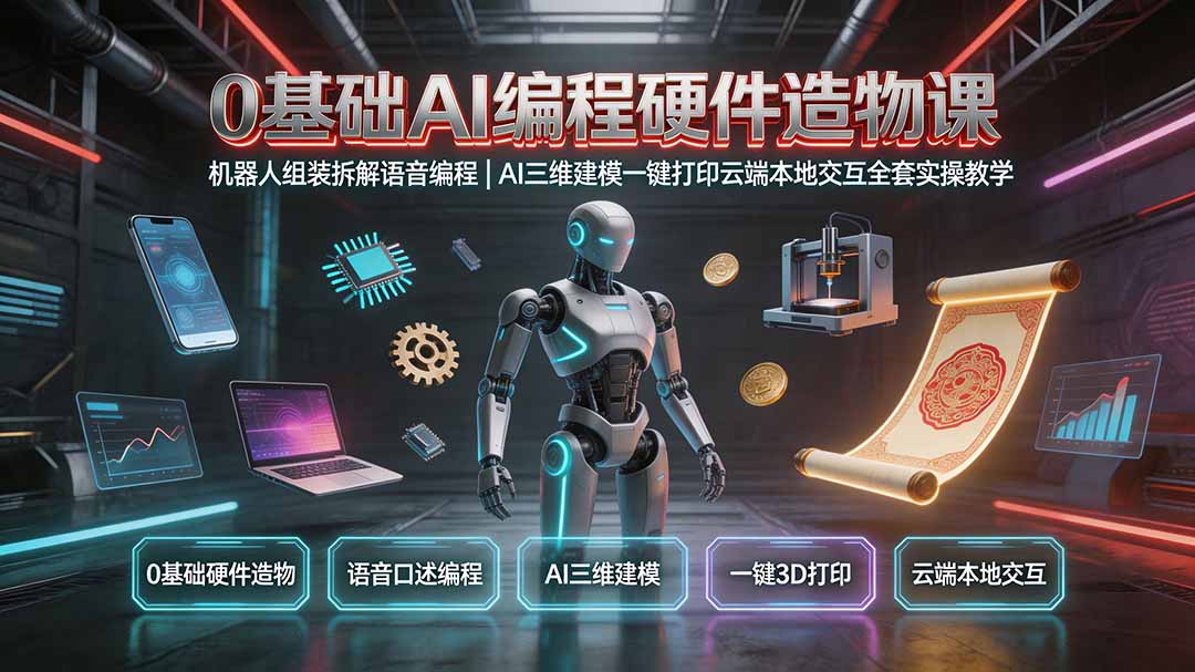 0基础AI编程硬件造物课｜机器人组装拆解语音编程，AI三维建模一键打印云端本地交互全套实操教学-卿云社