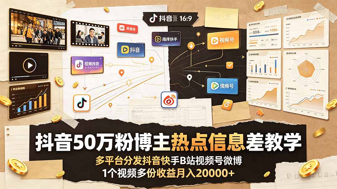 抖音50万粉博主热点信息差教学：多平台分发抖音快手B站视频号微博，1个视频多份收益月入20000+-卿云社