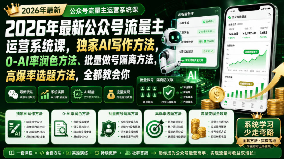 2026年最新公众号流量主运营系统课，独家AI写作方法，0-AI率润色方法、批量做号隔离方法、高爆率选题方法，全都教会你-卿云社