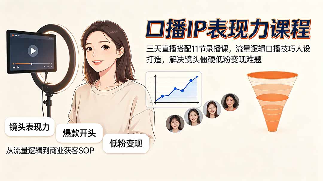 口播IP表现力课程|三天直播搭配11节录播课,流量逻辑口播技巧人设打造,解决镜头僵硬低粉变现难题-卿云社