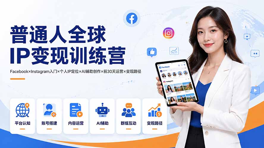 普通人全球IP变现训练营：Facebook×Instagram入门×个人IP定位×AI辅助创作×前30天运营×变现路径-卿云社