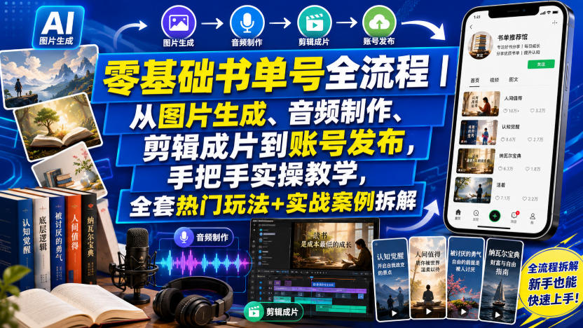 零基础书单号全流程｜从图片生成、音频制作、剪辑成片到账号发布，手把手实操教学，全套热门玩法+实战案例拆解-卿云社