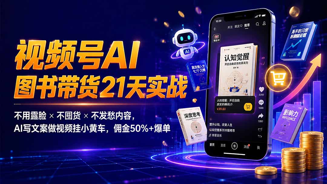 繁花视频号AI图书带货21天实战：不用露脸×不囤货×不发愁内容，AI写文案做视频挂小黄车，佣金50%+爆单-卿云社