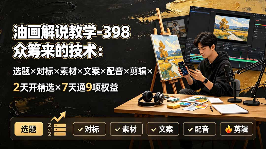 油画解说教学-398众筹来的技术：选题×对标×素材×文案×配音×剪辑×2天开精选×7天通9项权益-卿云社
