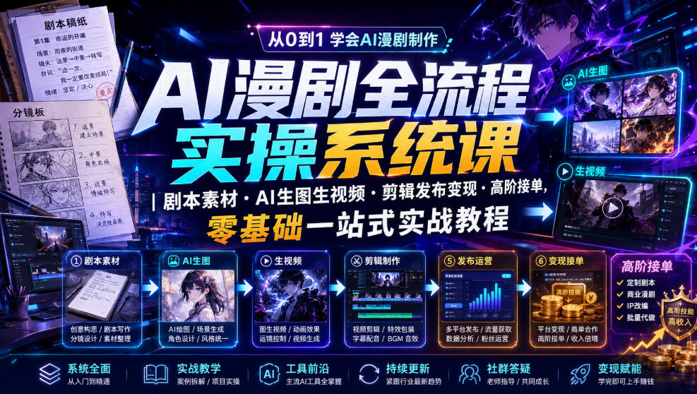 AI漫剧全流程实操系统课｜剧本素材・AI生图生视频・剪辑发布变现・高阶接单，零基础一站式实战教程-卿云社
